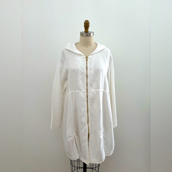 Made In Italy OS NWOT White Long Lightweight Linen L/S Hoodie Gold Zipper Jacket - Picture 1 of 7